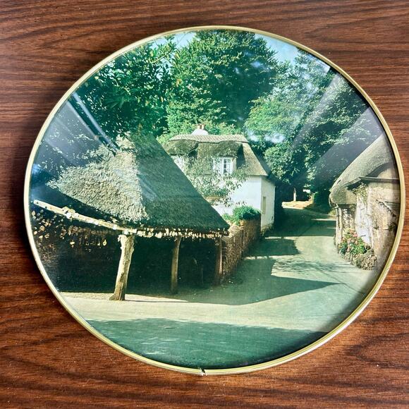 Vintage Round Bubble Glass Wall Art English Cottage Scene 12” Gold Frame - Picture 1 of 11